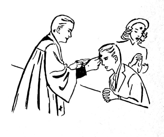 A line drawing of two worshippers receiving the ashes on Ash Wednesday